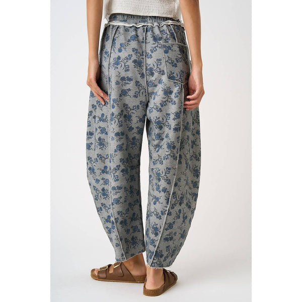 mittoshop - BLUE FLORAL PRINT SEAM DETAIL PULL ON BARREL PANTS