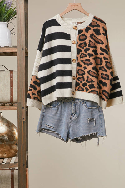 Mello. - Bold Stripe and Leopard Cardigan
