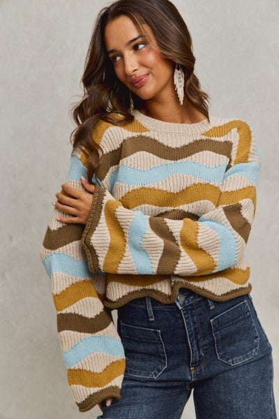 Taupe And Blue Wavy Multi Color Stripe Sweater