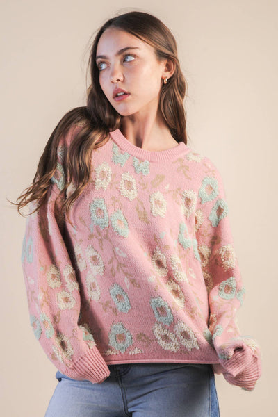 VERY J - 12W3428N-Oversized Floral Textured Printed Knit Sweater Top