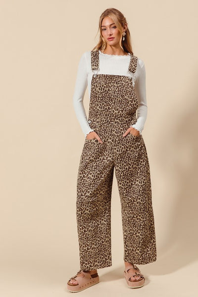 Leopard Twill Denim Slouchy Barrel Overalls