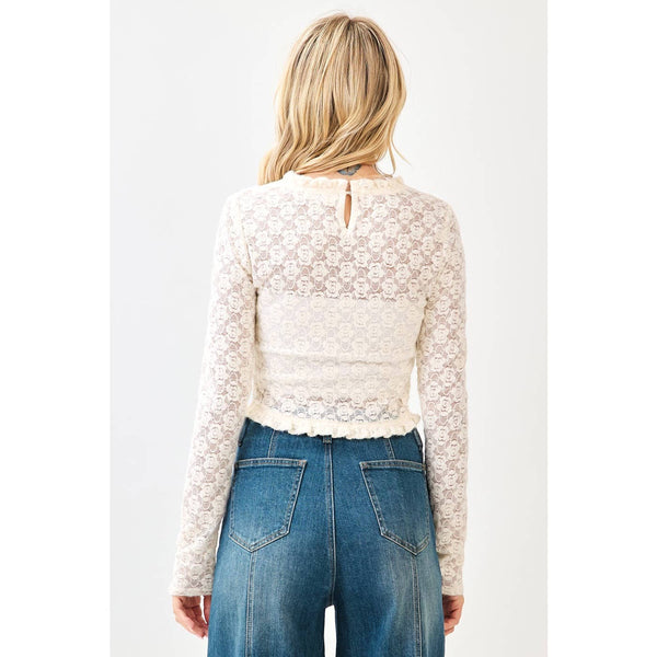 mittoshop - LACE LONG SLEEVE CURVED HEM CROP TOP