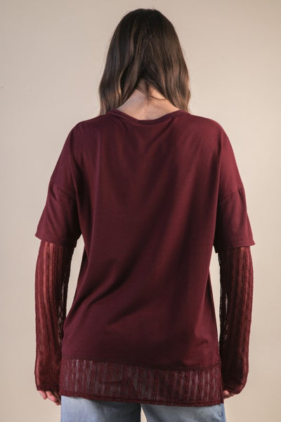 Oversized Casual Knit Top With Lace - Wine