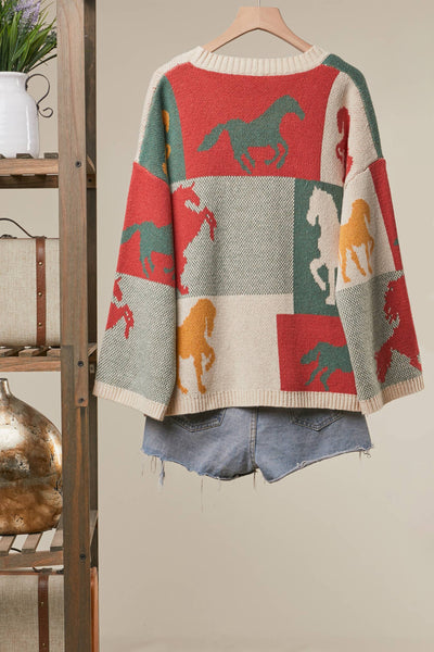 Mello. - Color Block Horse Print Cardigan