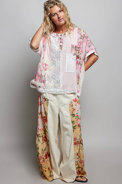 Pol Clothing - Unique Patchwork Lace Floral Knit Short Sleeve Top SALE