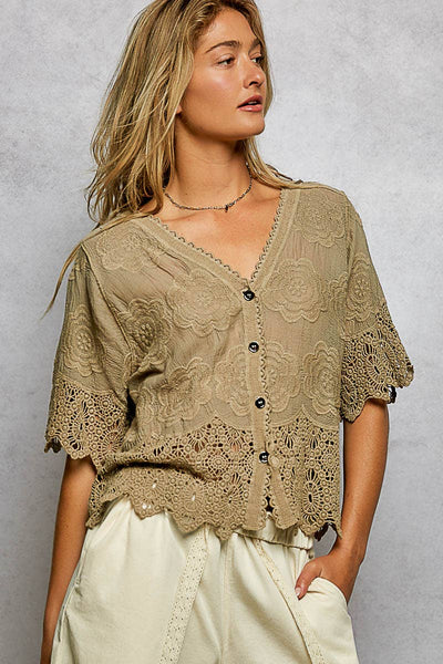 Pol Clothing - Crochet Trim Neckline Short Sleeve Jacket Top