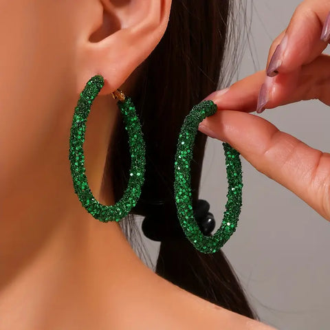 Green Sparkle Hoop Earrings
