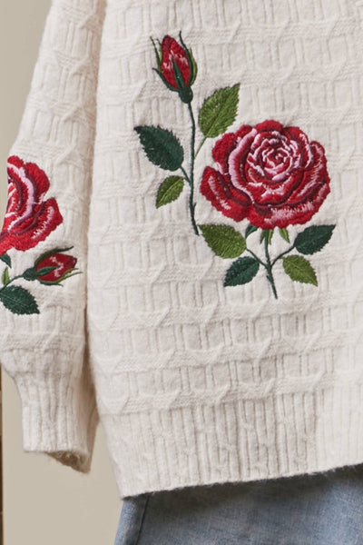 Mello. - Elegant Rose Embroidered V Neck Cardigan