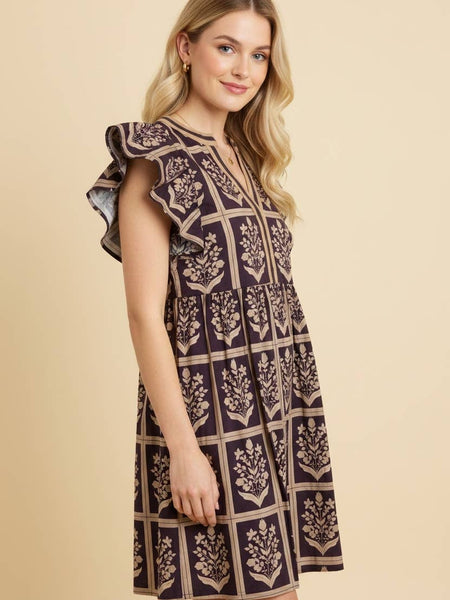 Brown floral grid print flutter sleeve mini dress with split neckline and gathered waist