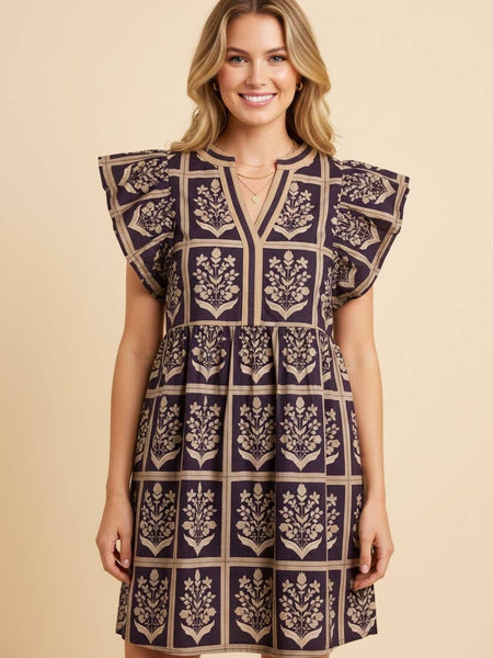 Brown floral grid print flutter sleeve mini dress with split neckline and gathered waist
