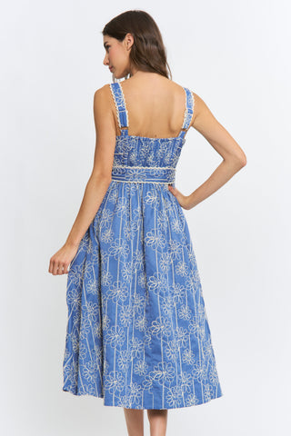 A woman modeling a blue sleeveless midi dress with a white floral and vertical stripe pattern, shown from the back against a plain white studio background.