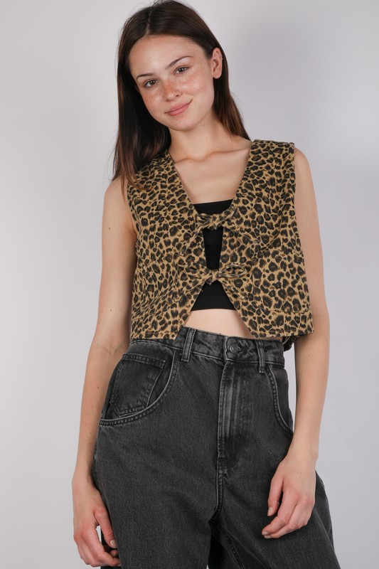 Leopard Denim Front Tie Vest
