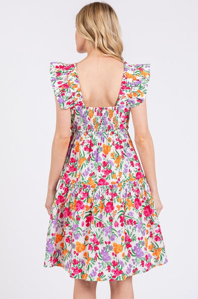 Flower Print Ruffle Shoulder Dress