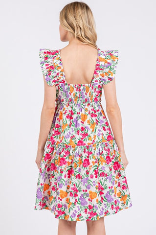 Flower Print Ruffle Shoulder Dress