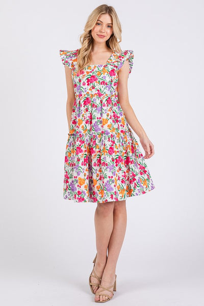 Flower Print Ruffle Shoulder Dress