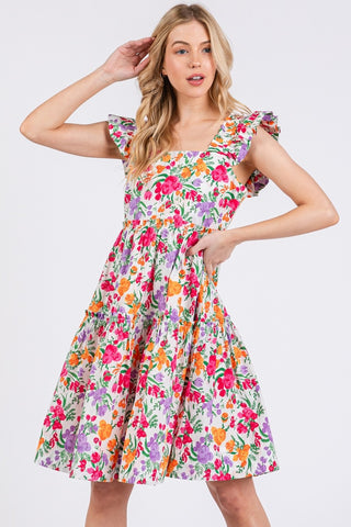 Flower Print Ruffle Shoulder Dress