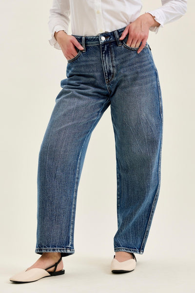 Judy Blue Petite Marlow high-waist arc leg jeans in dark weathered indigo with 28-inch inseam