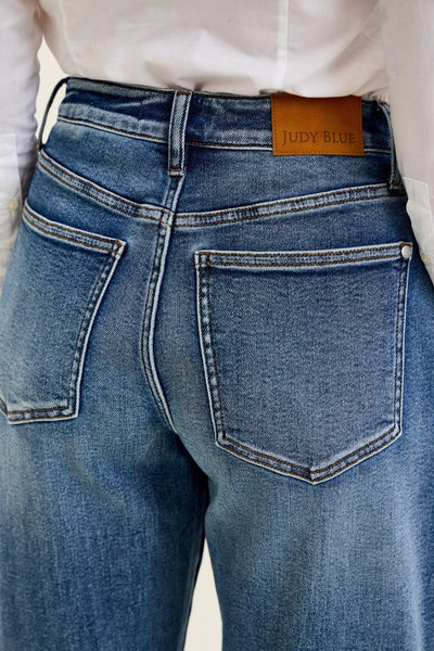 Judy Blue Petite Marlow high-waist arc leg jeans in dark weathered indigo with 28-inch inseam