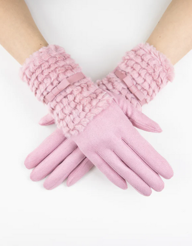 Comfy Gloves with Fuzzy Faux Fur and Ribbon Detail