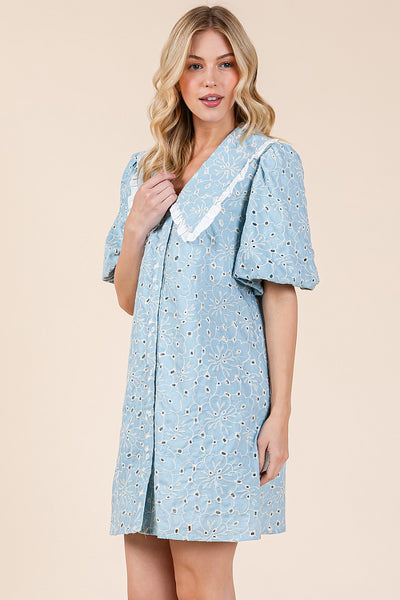 Light Blue Floral Eyelet Mini Shirt Dress