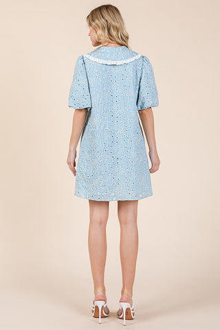 Light Blue Floral Eyelet Mini Shirt Dress