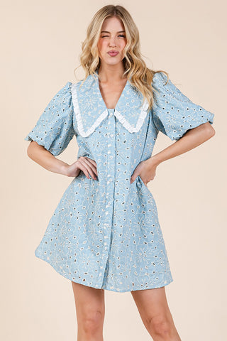 Light Blue Floral Eyelet Mini Shirt Dress