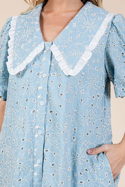 Light Blue Floral Eyelet Mini Shirt Dress