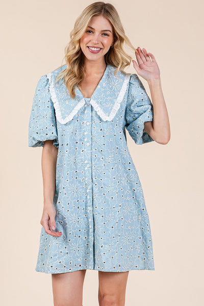 Light Blue Floral Eyelet Mini Shirt Dress