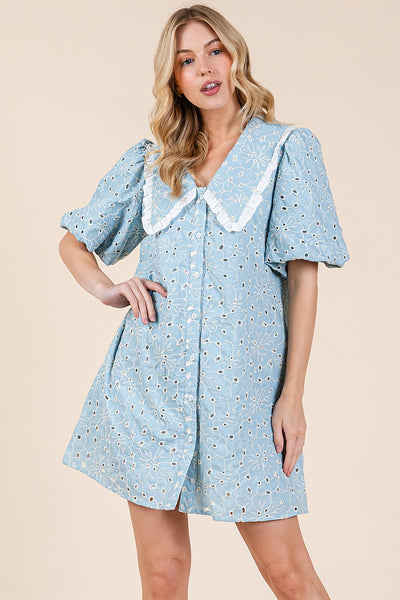 Light Blue Floral Eyelet Mini Shirt Dress