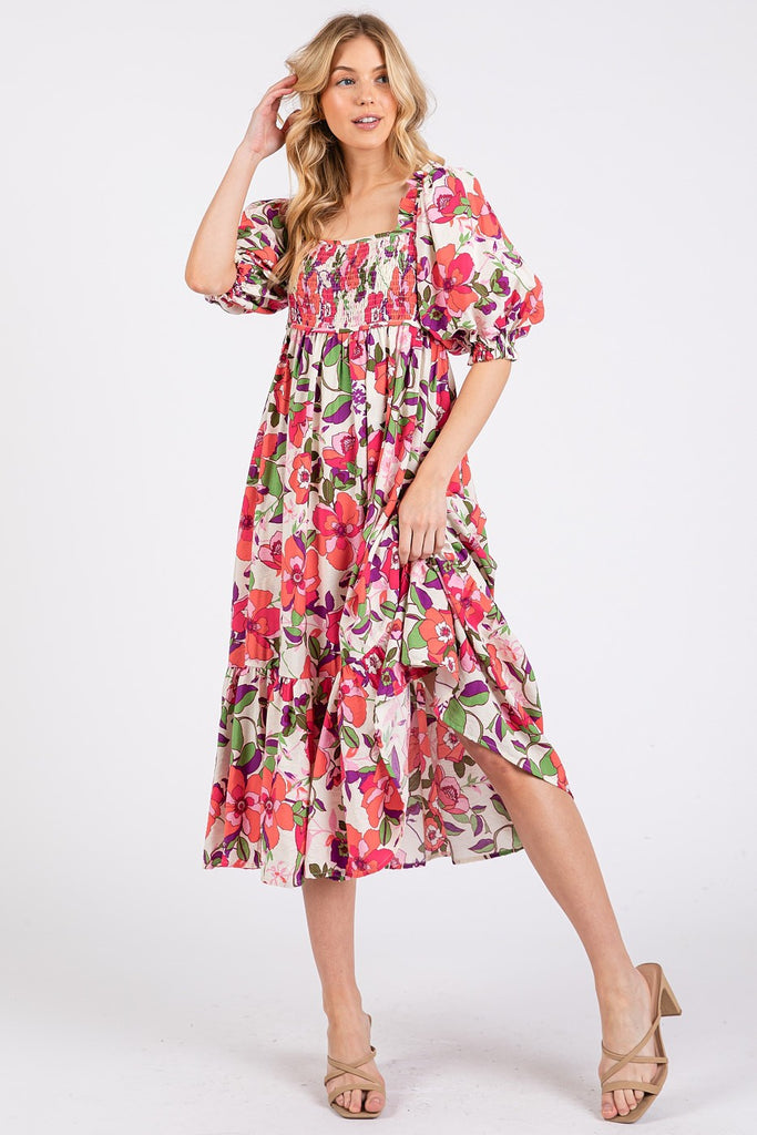 Mittoshop Flower Print Puff Sleeve Ruffle Smocked Midi Dress, FUCHSIA / S Mittoshop Flower Print Puff Sleeve Ruffle Smocked Midi Dress, FUCHSIA / S