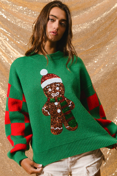 Sequin Gingerbread Man Checkered Sweater