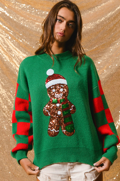 Sequin Gingerbread Man Checkered Sweater