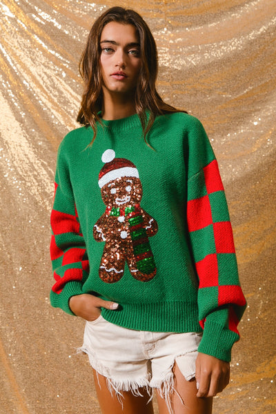 Sequin Gingerbread Man Checkered Sweater
