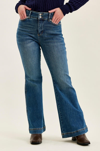 Judy Blue women's petite high-waisted flare jeans in a medium blue wash featuring a double-button tummy control waistband and 30-inch inseam.