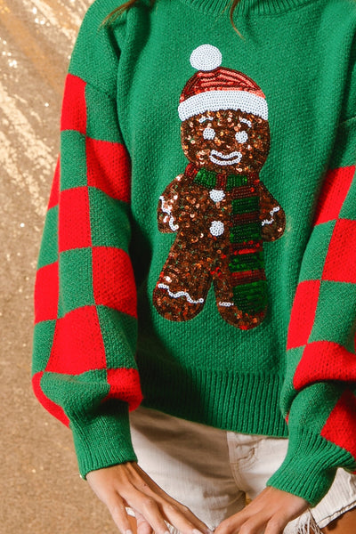 Sequin Gingerbread Man Checkered Sweater