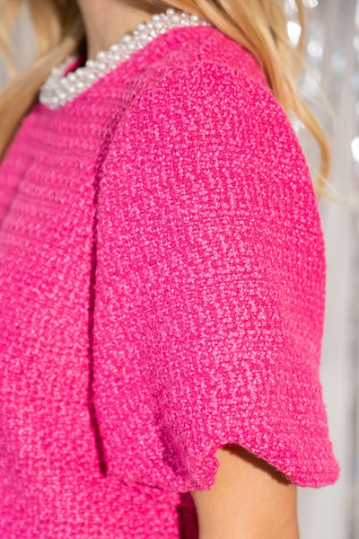 Pearl Trim Detailed Neck Bubble Sleeve Tweed Top