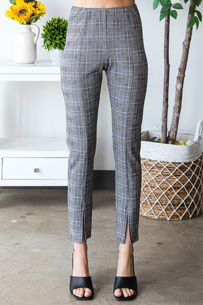 Plaid Straight Leg Pants with Front Slit