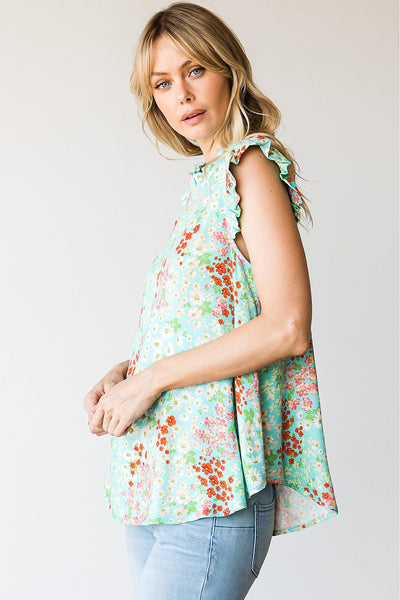 Floral Key Hole Ruffle Trim Top
