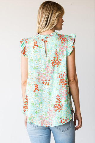 Floral Key Hole Ruffle Trim Top