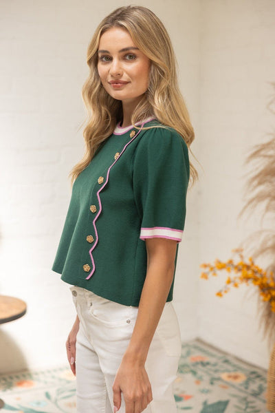 Scallop And Gold Button Detailed Solid Knit Top