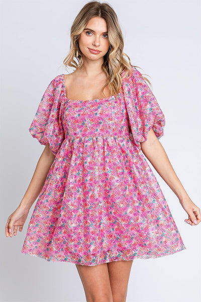 Sequin Floral Babydoll Mini Dress