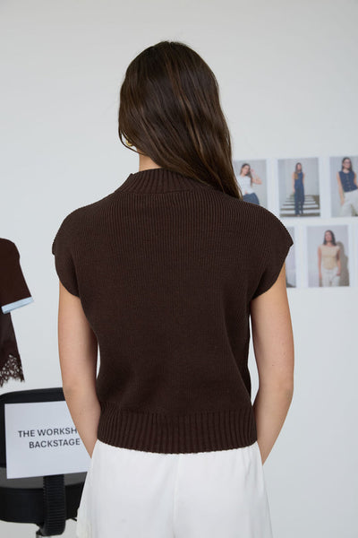 The Essential Mock Neck Sweater in chocolate brown with short sleeves and mock neckline