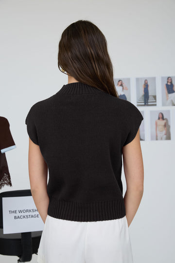 The Essential Mock Neck Sweater in black with short sleeves and mock neckline