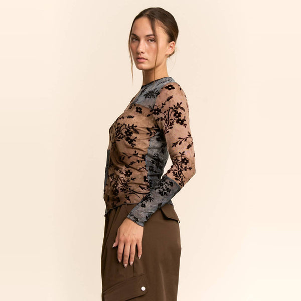 Women’s sheer patchwork mesh top with black velvet floral flocking in blue brown and taupe tones

