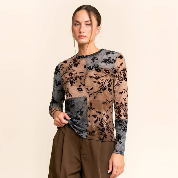 Women’s sheer patchwork mesh top with black velvet floral flocking in blue brown and taupe tones

