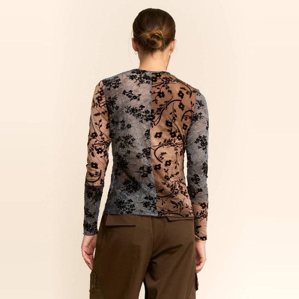 Women’s sheer patchwork mesh top with black velvet floral flocking in blue brown and taupe tones

