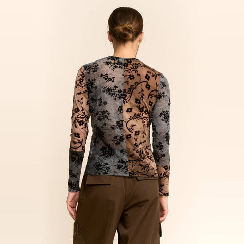 Women’s sheer patchwork mesh top with black velvet floral flocking in blue brown and taupe tones

