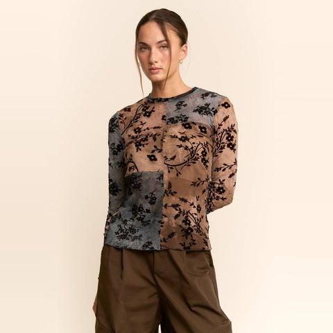 Women’s sheer patchwork mesh top with black velvet floral flocking in blue brown and taupe tones

