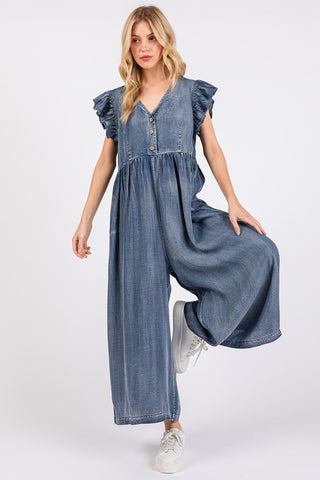 Washed Chambray Wide Leg Jumpsuit