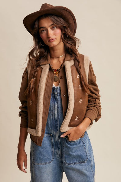 Woman wearing a brown jacket with sherpa lining, a hat, and blue jeans on a beige background